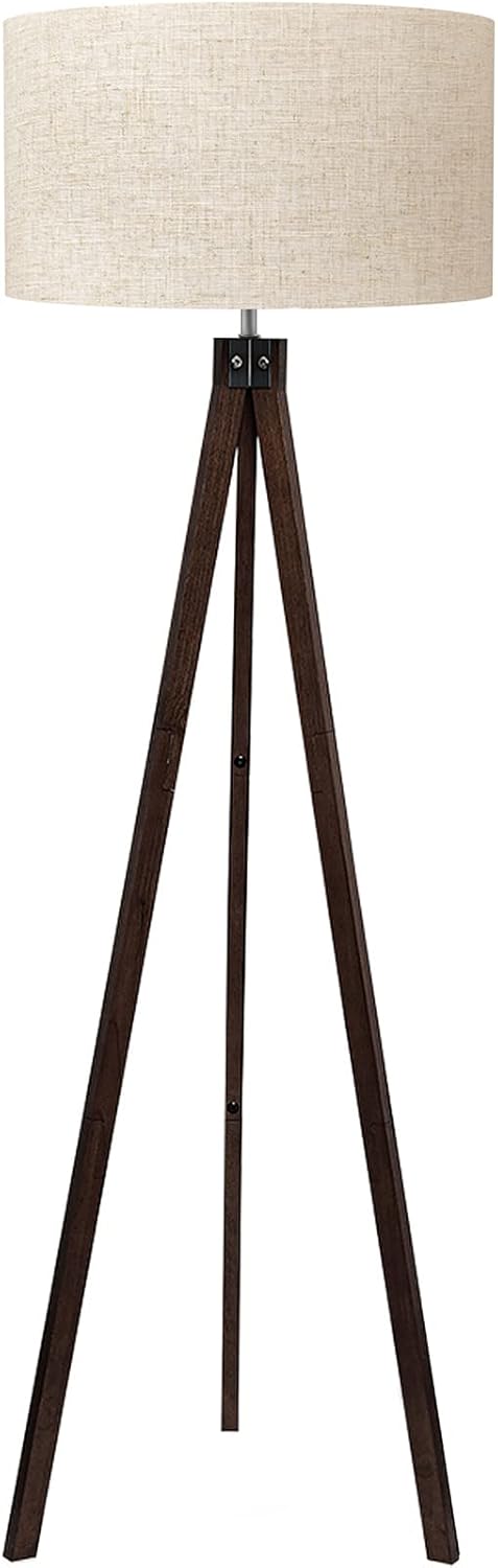 LEPOWER Wood Tripod Floor Lamp, Mid Century Standing Lamp, Modern Design Studying Light for Living Room, Bedroom, Study Room and Office, Flaxen Linen Shade with E26 Base Brown