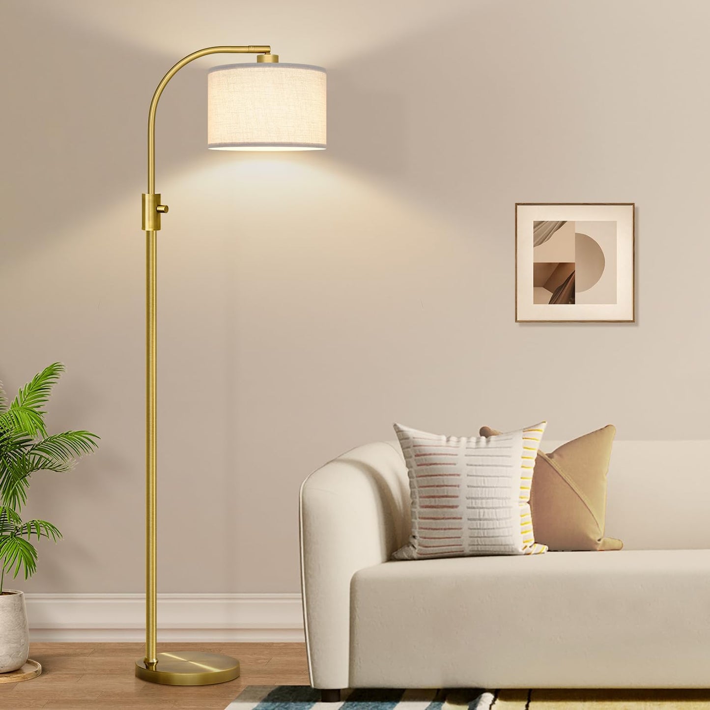 【Upgraded】 Dimmable Gold Floor Lamp, 1200 Lumens LED Bulb Included, Arc Floor Lamps for Living Room Modern Standing Lamp with Linen Shade, Tall Lamp for Living Room Bedroom Office Reading Room Nursery