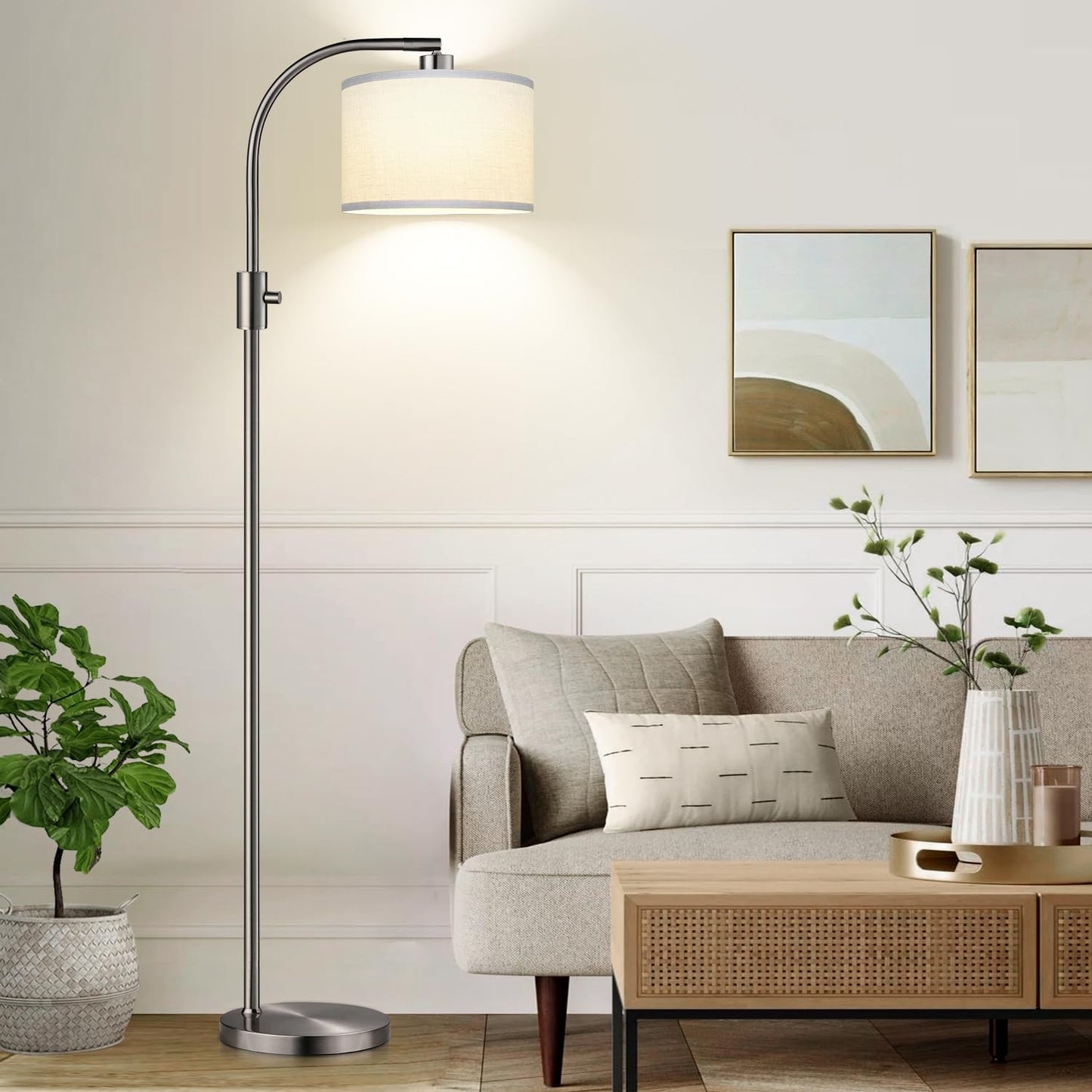 【Upgraded】 Dimmable Gold Floor Lamp, 1200 Lumens LED Bulb Included, Arc Floor Lamps for Living Room Modern Standing Lamp with Linen Shade, Tall Lamp for Living Room Bedroom Office Reading Room Nursery