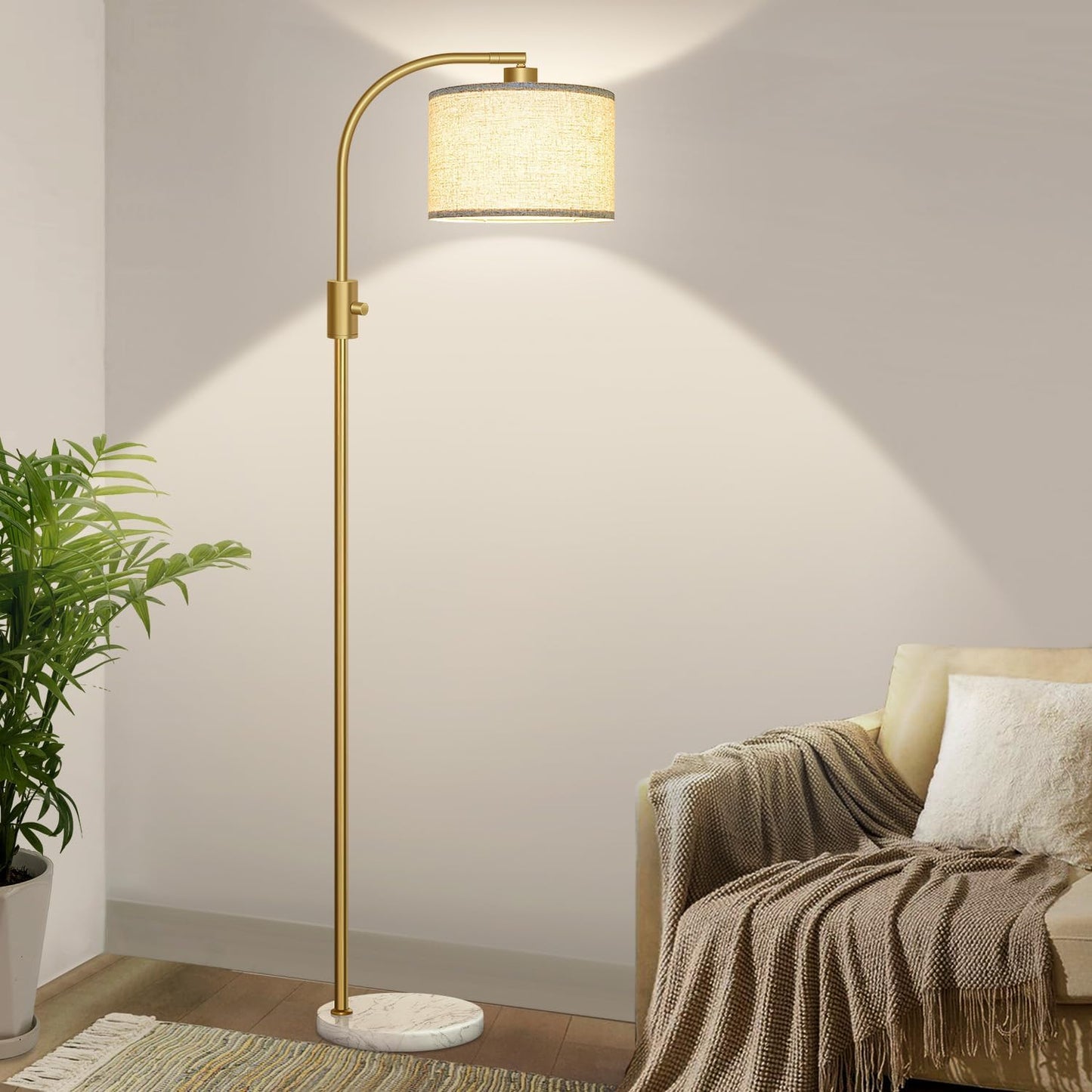 【Upgraded】 Dimmable Gold Floor Lamp, 1200 Lumens LED Bulb Included, Arc Floor Lamps for Living Room Modern Standing Lamp with Linen Shade, Tall Lamp for Living Room Bedroom Office Reading Room Nursery