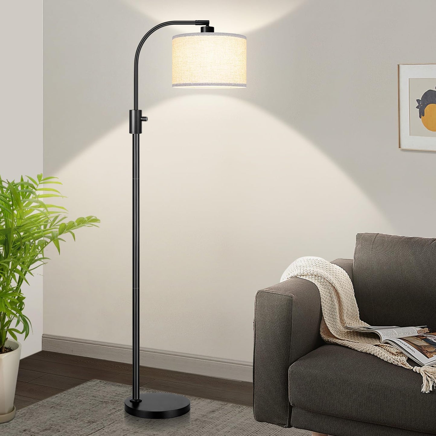 【Upgraded】 Dimmable Gold Floor Lamp, 1200 Lumens LED Bulb Included, Arc Floor Lamps for Living Room Modern Standing Lamp with Linen Shade, Tall Lamp for Living Room Bedroom Office Reading Room Nursery