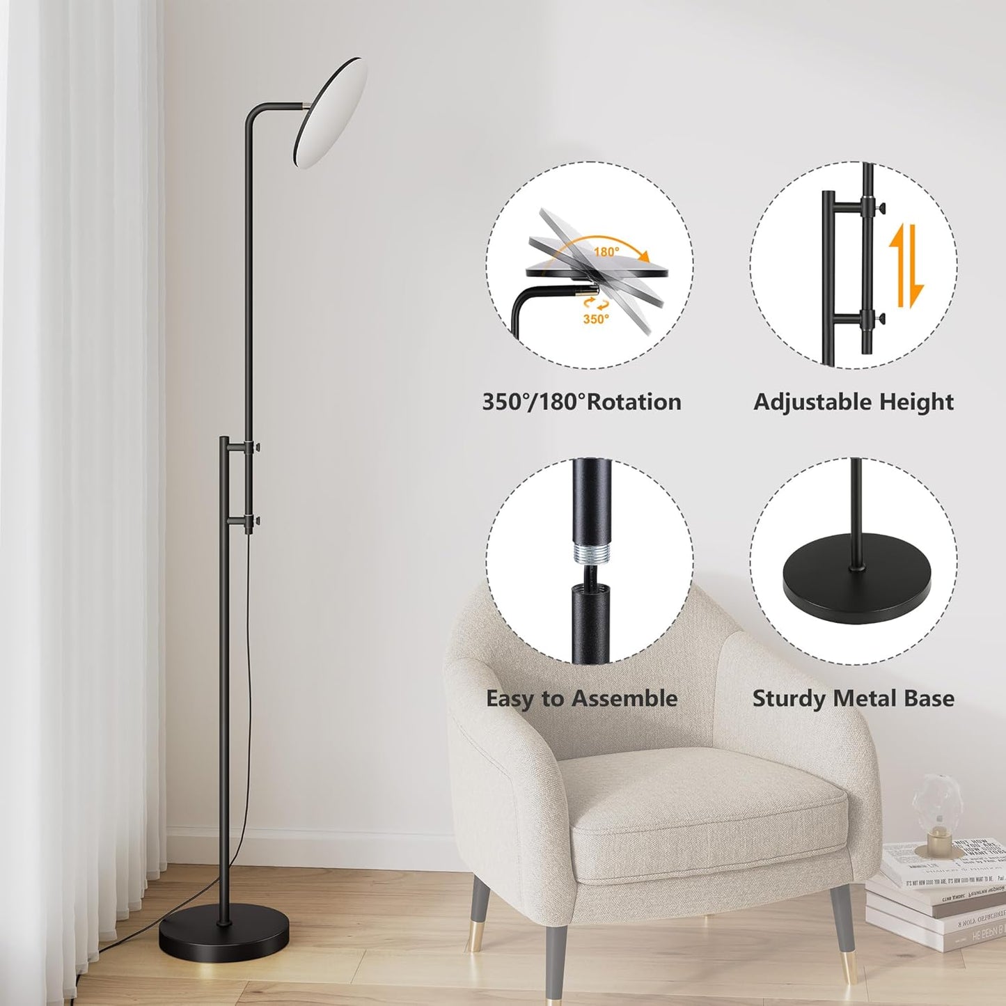 SUNMORY 32W/3000LM Floor Lamps, Super Bright LED Standing Lamp with Remote Control, Adjustable Tall Lamp with 350°Rotating Head, Modern Dimmable Torchiere Corner Lamp for Living Room, Bedroom, Office