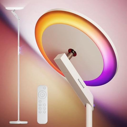 HONEYWELL 3000LM LED Floor Lamp, Smart RGB Floor Lamp with Remote Control, F2 Sunturalux™ 40W Eye-Caring Reading Light, 2700-5000K 6 RGB Modes Tall Standing Lamp for Bedroom Living Room Office White