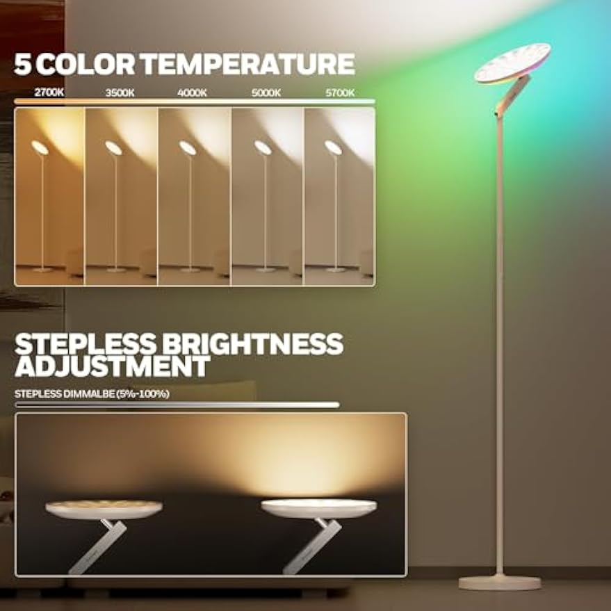 HONEYWELL 3000LM LED Floor Lamp, Smart RGB Floor Lamp with Remote Control, F2 Sunturalux™ 40W Eye-Caring Reading Light, 2700-5000K 6 RGB Modes Tall Standing Lamp for Bedroom Living Room Office White