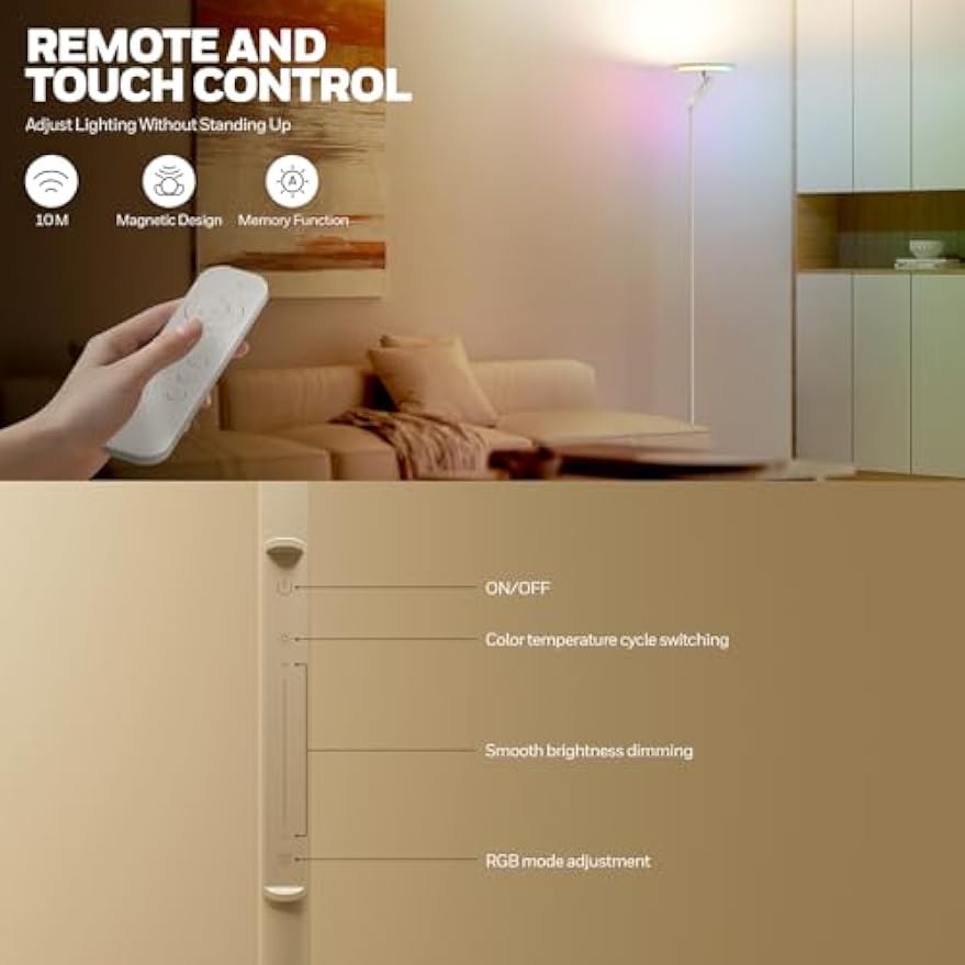 HONEYWELL 3000LM LED Floor Lamp, Smart RGB Floor Lamp with Remote Control, F2 Sunturalux™ 40W Eye-Caring Reading Light, 2700-5000K 6 RGB Modes Tall Standing Lamp for Bedroom Living Room Office White