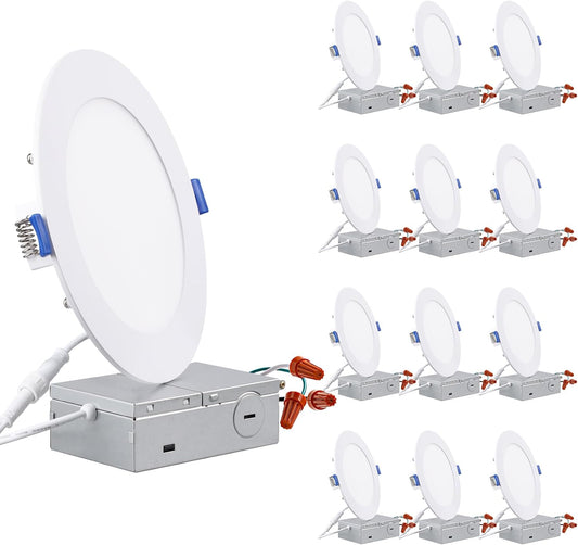 TORCHSTAR Basic Series 12-Pack 6 Inch Ultra-Thin LED Recessed Lighting with Junction Box, CRI90, Aluminum, 5000K Daylight, 5%-100% Dimmable Slim Recessed Downlight, 12W 1100LM, ETL and Energy Star