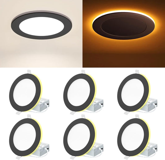 6 Pack Black Recessed Lighting with 4 Inch Night Light, Canless Ultra Thin Wafer Downlight Pot Indoor Exterior Soffit Lighting, 2700K-5000K Selectable, 9W,120V, 750LM, Dimmable, ETL FCC
