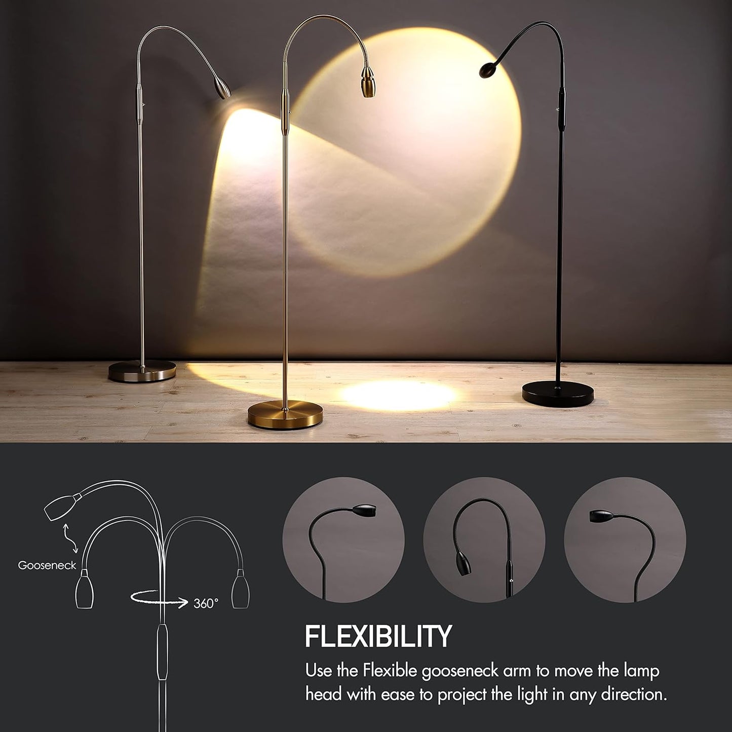 O’Bright Ray – Adjustable LED Beam Floor Lamp, Dimmable and Zoomable Spotlight, Flexible Gooseneck, Reading/Crafting Standing Lamp, Work Table Light, Matte Black