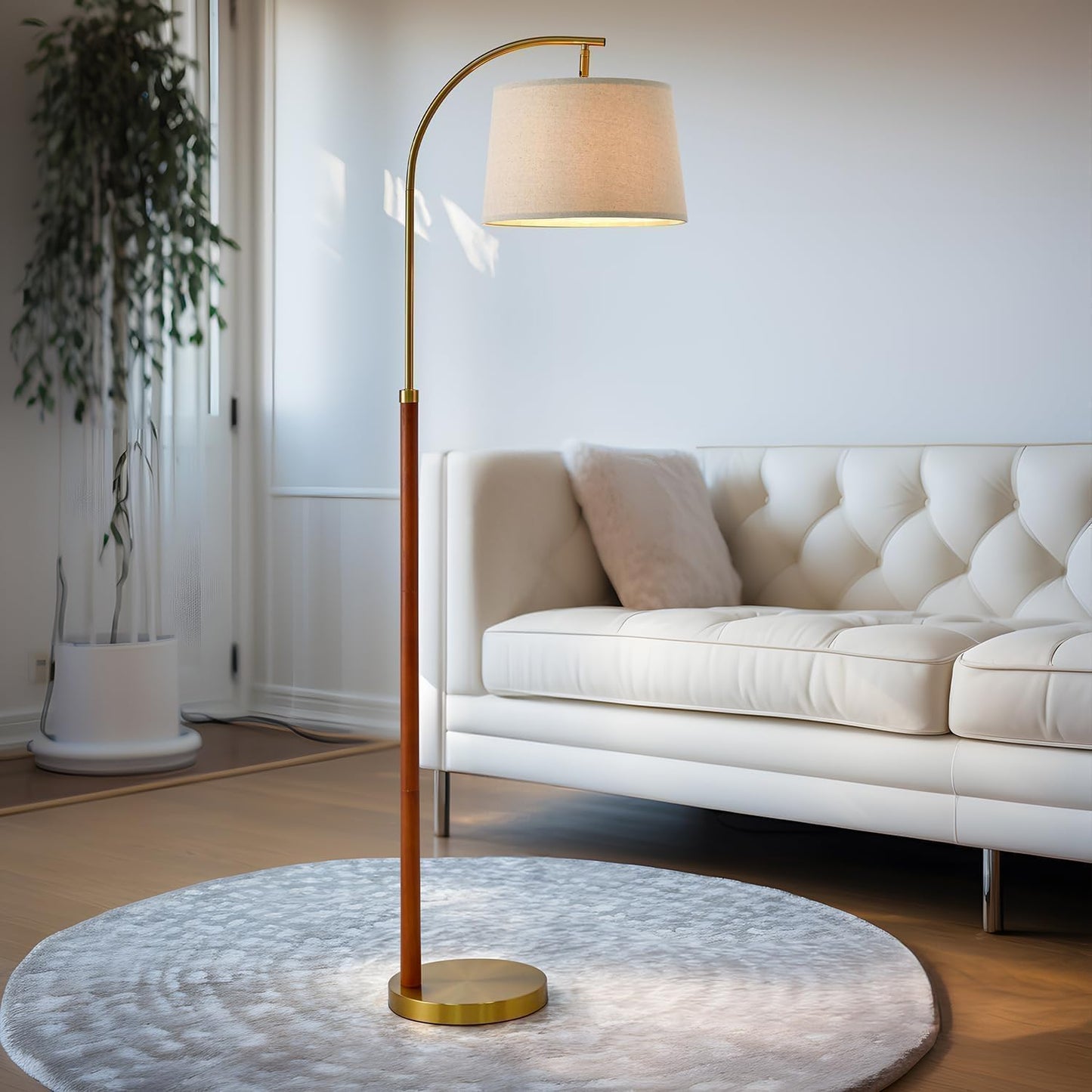 62.5" Wood Floor Lamp for Living Room Gold with Foot Switch Arc Standing Tall Lamps for Bedroom Mid Century Modern Corner Floor Lamps for Office Nursery Industrial Reading Light Room Lamp
