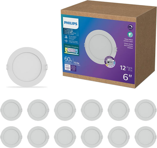 LED Philips 60W Slim 6-inch Canless Downlight 12-Pack Selectable White Multi-CCT 1000 Lumen (12.5W = 60W) Dimmable No Housing Required
