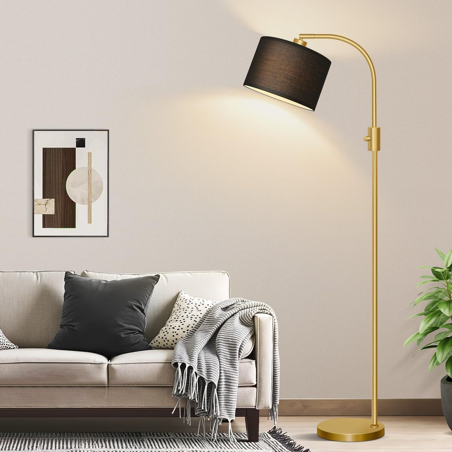 【Upgraded】 Dimmable Gold Floor Lamp, 1200 Lumens LED Bulb Included, Arc Floor Lamps for Living Room Modern Standing Lamp with Linen Shade, Tall Lamp for Living Room Bedroom Office Reading Room Nursery