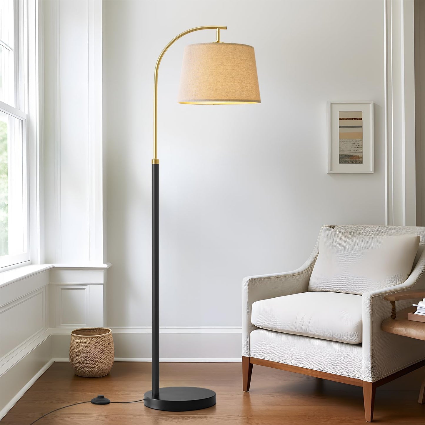 62.5" Wood Floor Lamp for Living Room Gold with Foot Switch Arc Standing Tall Lamps for Bedroom Mid Century Modern Corner Floor Lamps for Office Nursery Industrial Reading Light Room Lamp