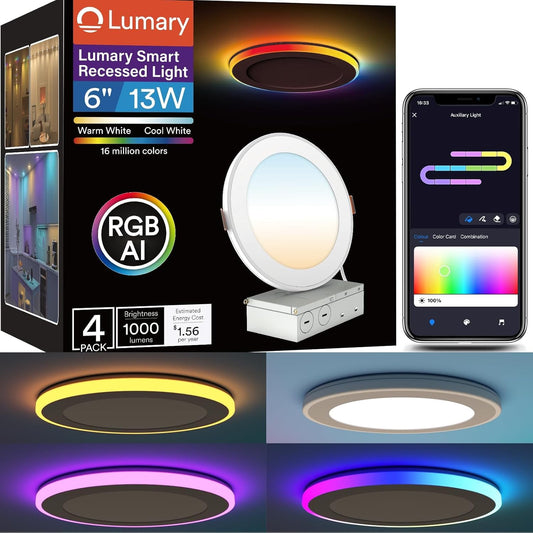 Lumary RGBAI Smart Recessed Lighting 6 Inch with Gradient Accent and Night Ring, 13W 1000LM Wi-Fi LED Recessed Lights, LED Downlight Compatible with Alexa/Google Assistant/Siri, 4PCS