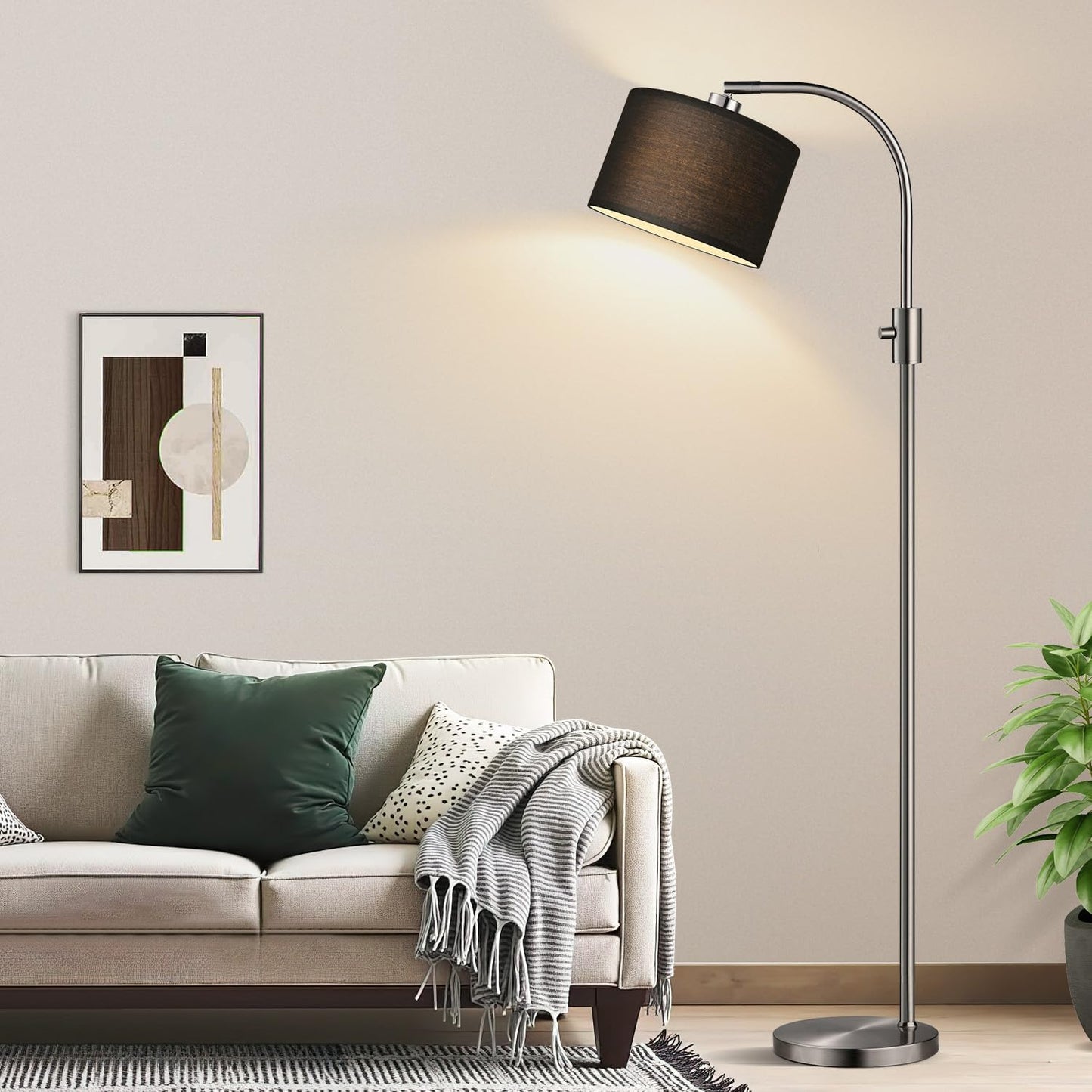 【Upgraded】 Dimmable Gold Floor Lamp, 1200 Lumens LED Bulb Included, Arc Floor Lamps for Living Room Modern Standing Lamp with Linen Shade, Tall Lamp for Living Room Bedroom Office Reading Room Nursery