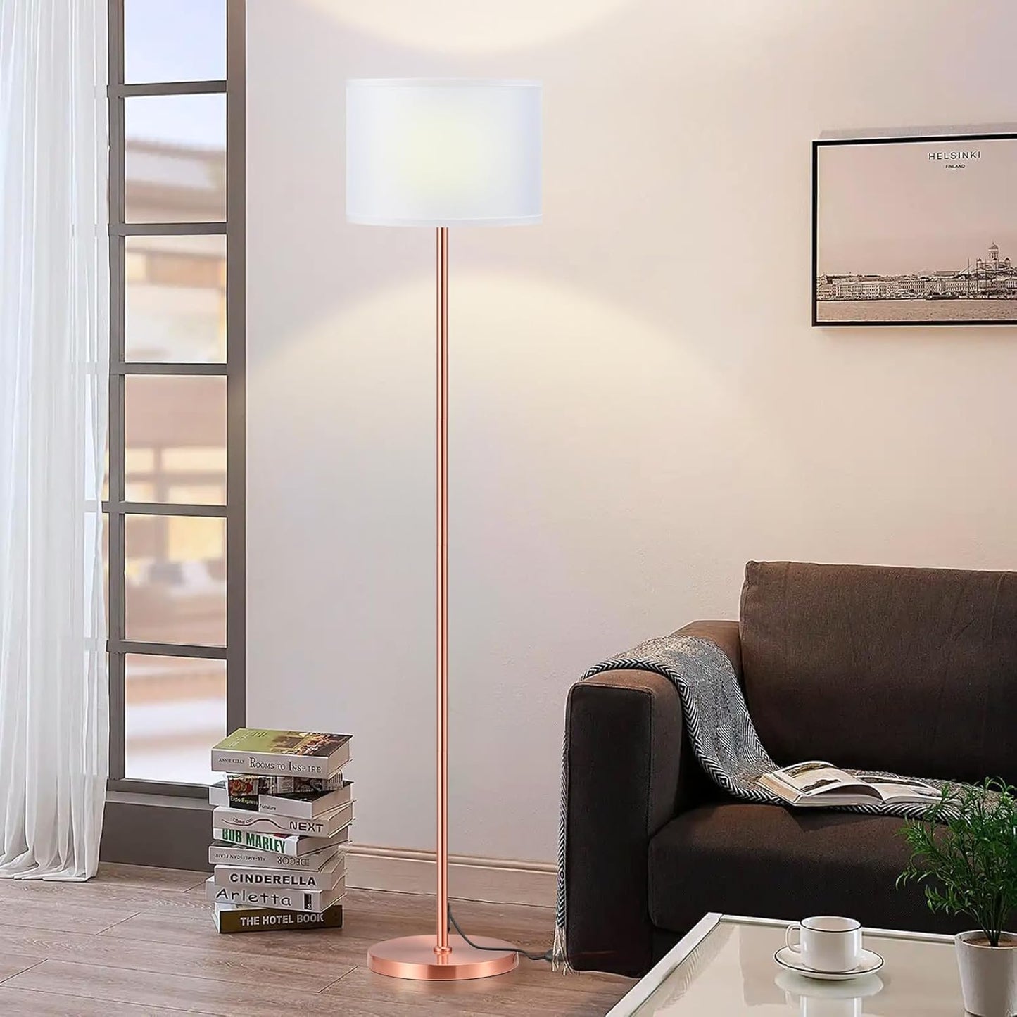 Modern Floor Lamp Simple Design with White Shade, Foot Pedal Switch, 60" Small Tall Lamps for Living Room Bedroom Office Dining Room Kitchen, Black Pole Lamp(Without Bulb)