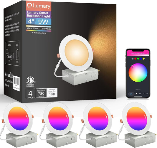 Lumary 4 Inch Smart WiFi Recessed Lights, 9W 780LM Ultra-Thin LED Recessed Lighting, Smart LED Wafer Downlights with Junction Box, Compatible with Alexa/Google Assistant/BT Remote, ETL Listed, 4 Pack