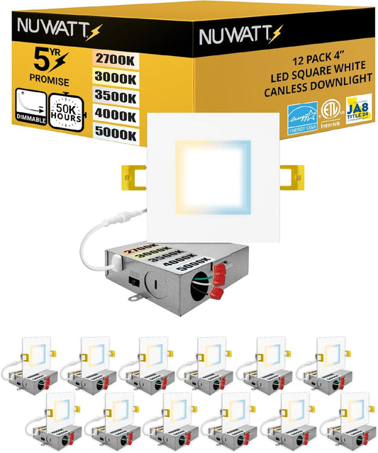 NUWATT 12 Pack 4 Inch LED Square Recessed Lighting, 5CCT Selectable 2700K/3000K/3500K/4000K/5000K, 630 Lumens Dimmable, IC Rated, 4in Square Wafer Lights, Canless LED Downlight, Diecast Aluminum J-Box