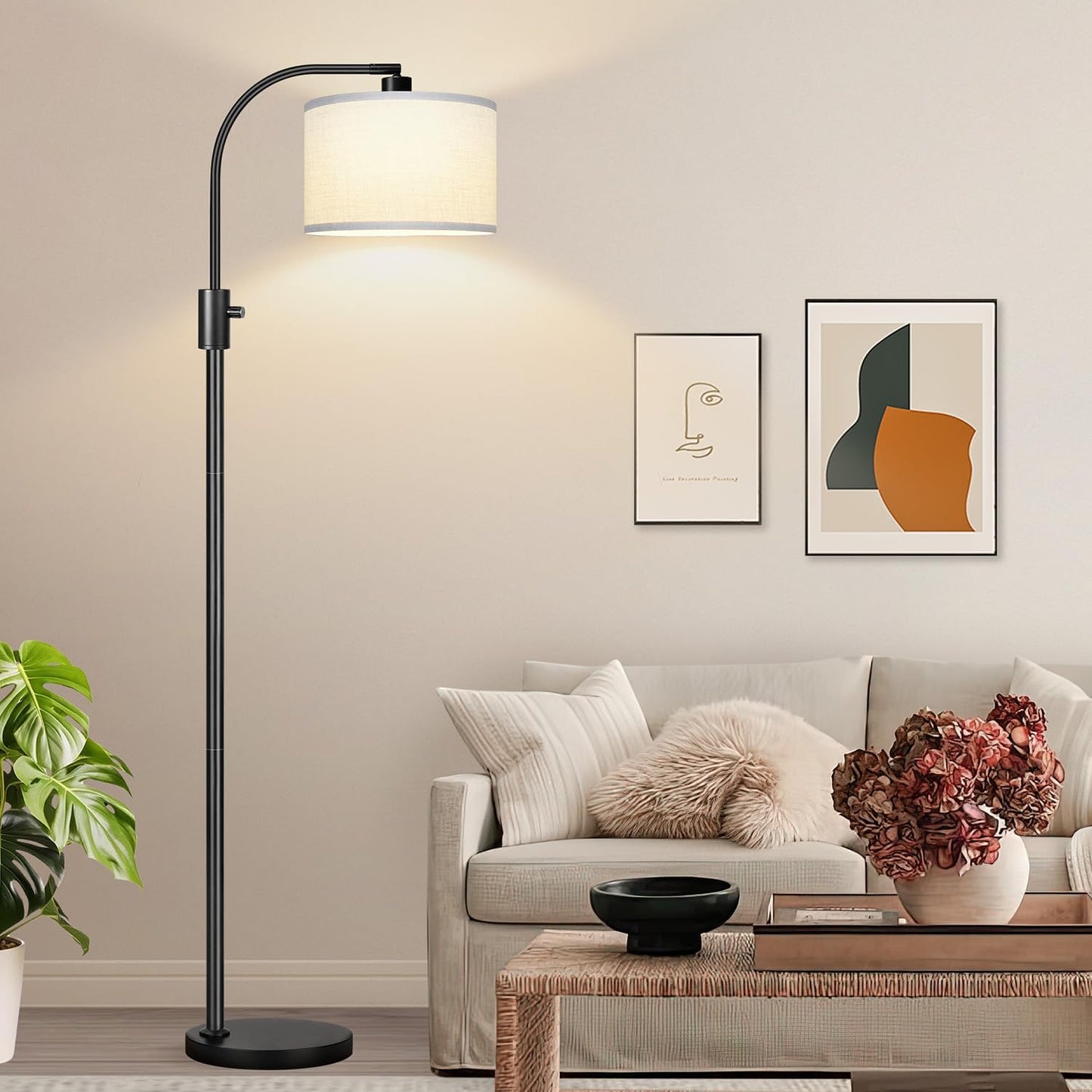 【Upgraded】 Dimmable Gold Floor Lamp, 1200 Lumens LED Bulb Included, Arc Floor Lamps for Living Room Modern Standing Lamp with Linen Shade, Tall Lamp for Living Room Bedroom Office Reading Room Nursery