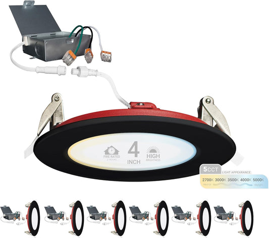 NUWATT 4 Inch 2 Hour FIRE Rated LED Recessed Light, Selectable 2700K/3000K/3500K/4000K/5000K, 900 Lumens, Dimmable, IC Rated, Ultra-Thin Black Trim Canless LED Downlight, No Tenmat Needed, 6 Pack