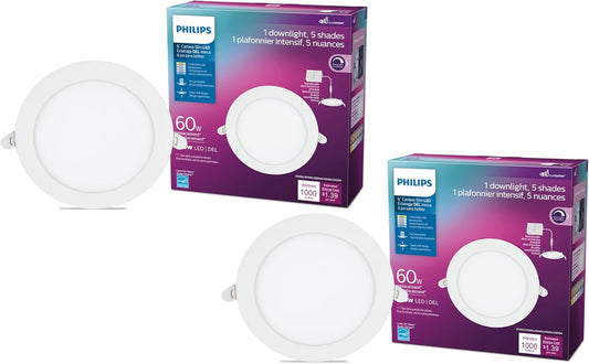 LED Philips 60W Slim 6-inch Canless Downlight 2-Pack Selectable White Multi-CCT 1000 Lumen (11.5W = 60W) Dimmable No Housing Required