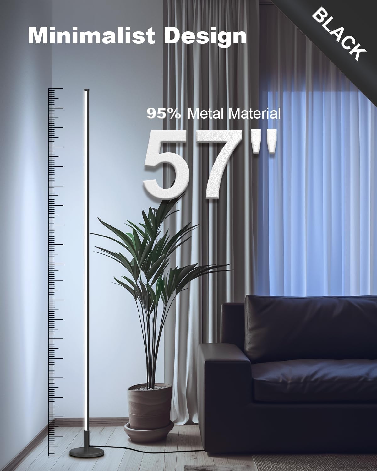TACAHE Minimalist Corner Floor Lamp - 2700K-6500K Dimmable LED Night Light - Modern Standing Mood Lamp with Remote Control for Living Room, Bedroom - 57" 12W - Black - 1Pack