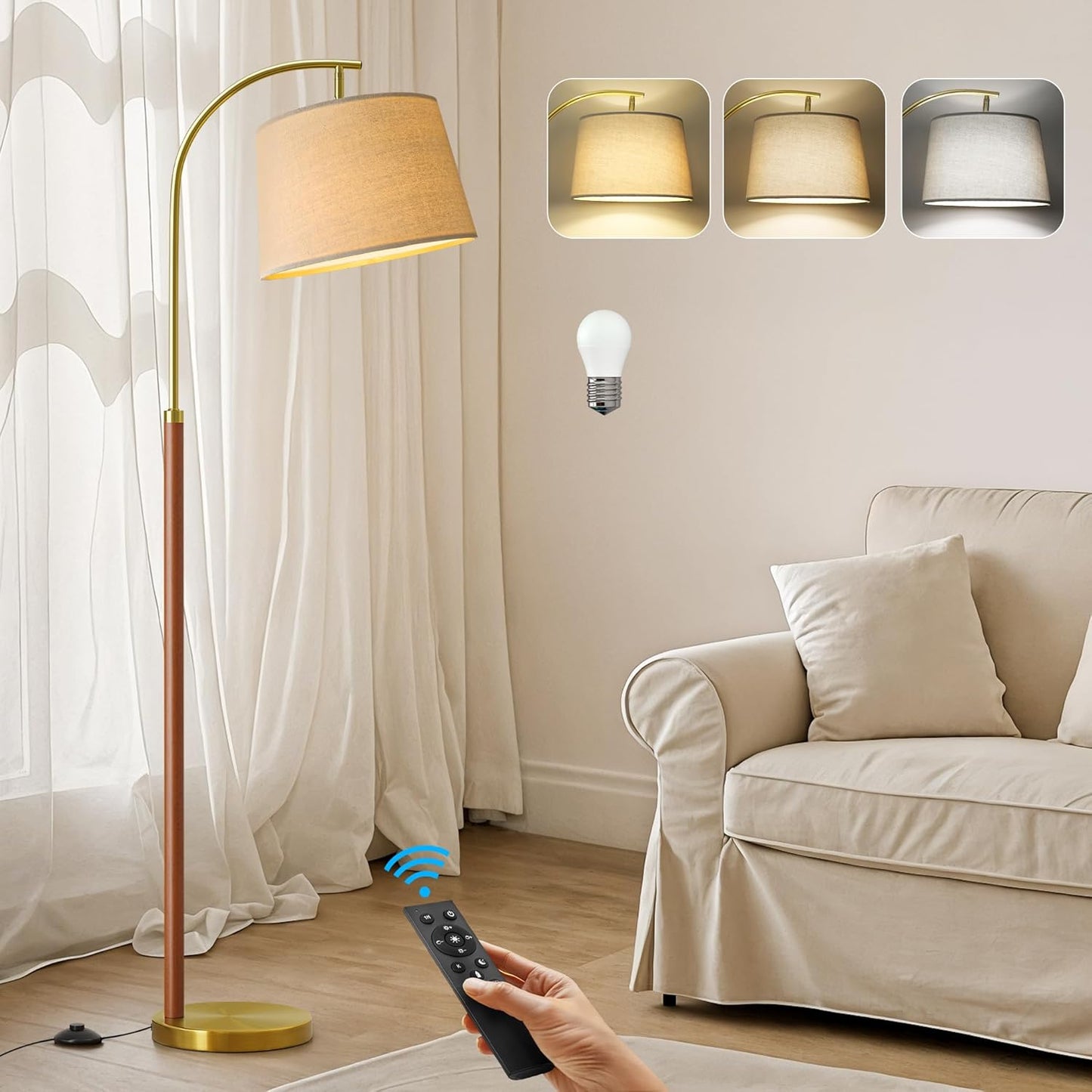 62.5" Wood Floor Lamp for Living Room Gold with Foot Switch Arc Standing Tall Lamps for Bedroom Mid Century Modern Corner Floor Lamps for Office Nursery Industrial Reading Light Room Lamp