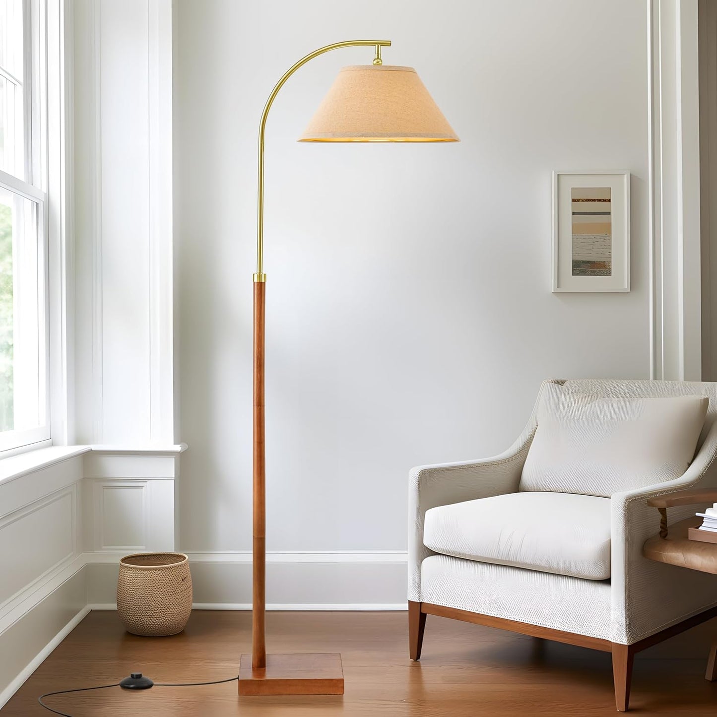 62.5" Wood Floor Lamp for Living Room Gold with Foot Switch Arc Standing Tall Lamps for Bedroom Mid Century Modern Corner Floor Lamps for Office Nursery Industrial Reading Light Room Lamp