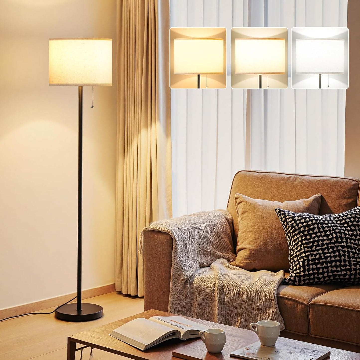 Modern Floor Lamp Simple Design with White Shade, Foot Pedal Switch, 60" Small Tall Lamps for Living Room Bedroom Office Dining Room Kitchen, Black Pole Lamp(Without Bulb)